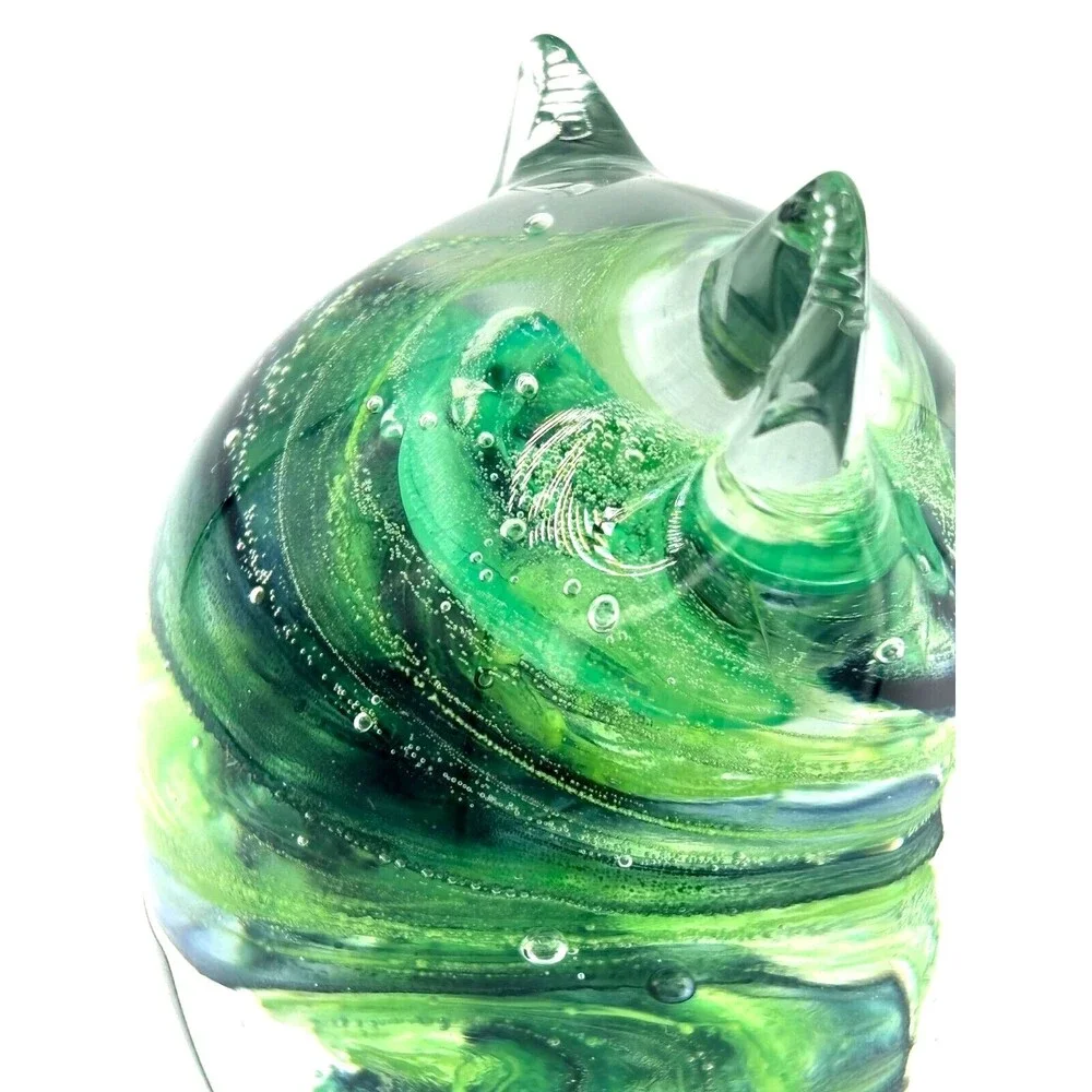 Kerry Glass Art Blown Glass Paperweight Owl‎ Green Swirl Hand Made in Ireland